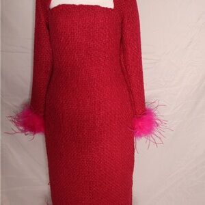 Elegant Red and Pink Feathered Women's Dress